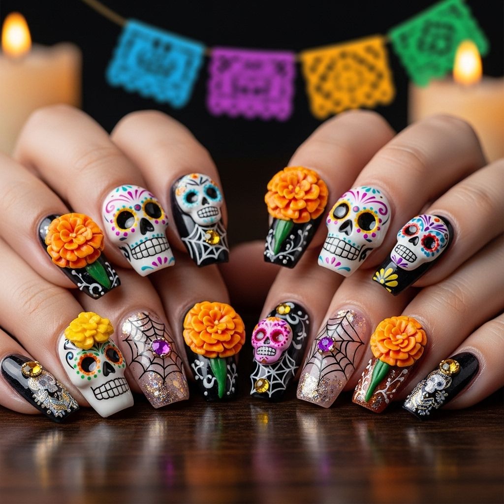 Discover vibrant Día de los Muertos nail art ideas—sugar skulls, marigolds, and Mexican-inspired designs for a festive, meaningful manicure.
