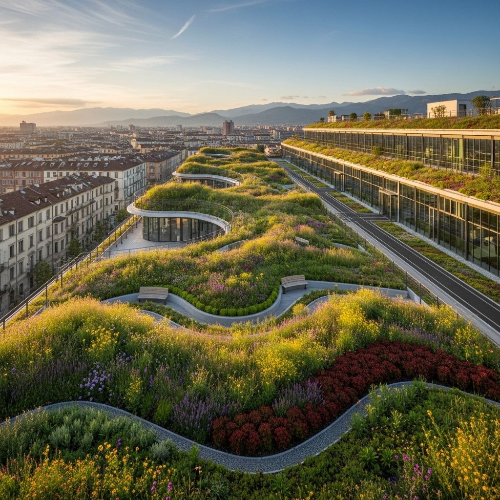 Historic Lingotto factory in Turin transforms with a living roof, blending biodiversity, cultural revitalization, and sustainable urban design.