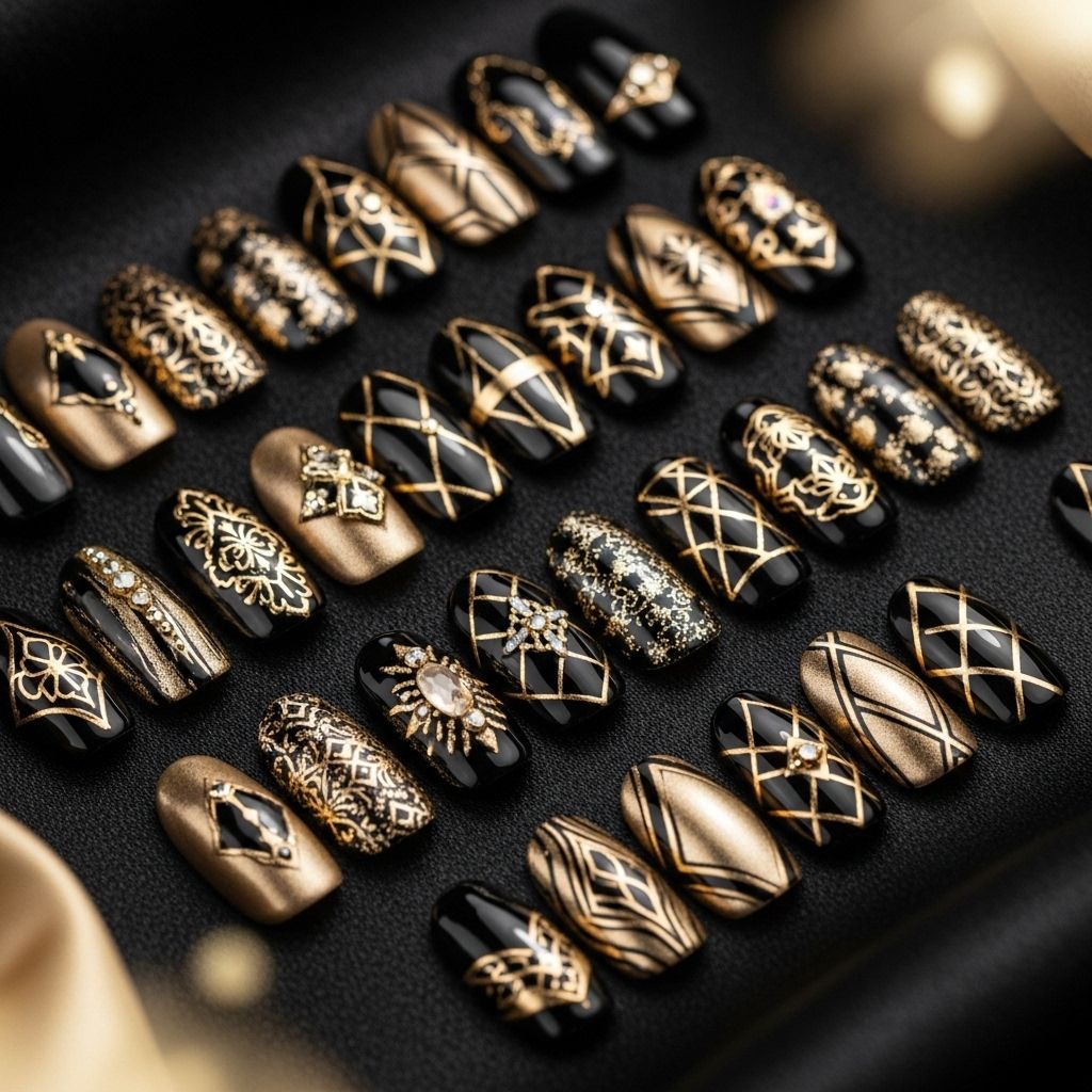 Explore glamorously bold black and gold nail ideas, from artistic ombré to luxe foil and cow print, perfect for elevating any manicure.