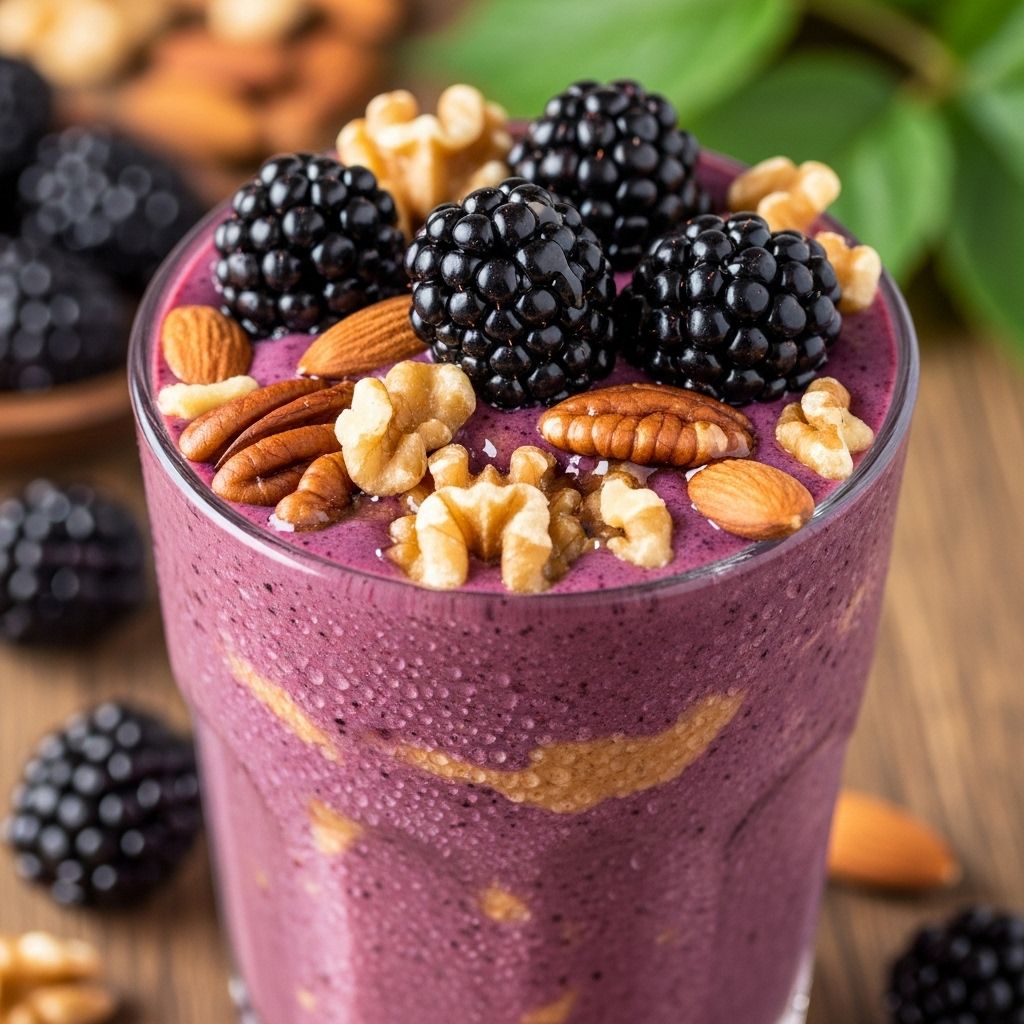 Discover the ultimate blend of blackberries and nuts in a protein-rich smoothie that fuels your day and delights your taste buds.