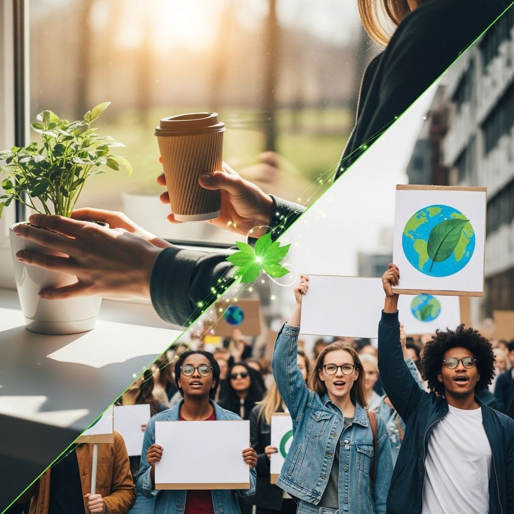 Exploring the role, friction, and unity between lifestyle choices and political action in the fight for a sustainable future.