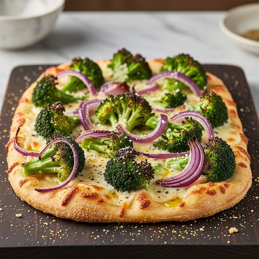 A vibrant, quick-cooking flatbread topped with broccoli, red onion, and aged provolone for a weeknight meal bursting with flavor and nutrition.