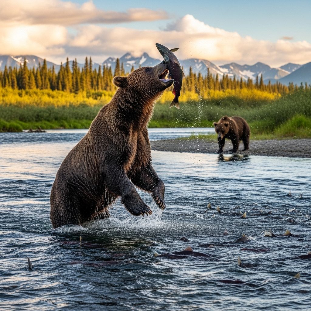 Witness the awe-inspiring spectacle of brown bears feeding on salmon at Brooks Falls in Katmai National Park, one of nature’s greatest wild shows.