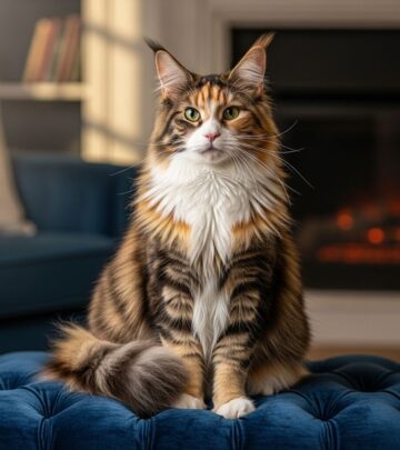 A majestic, tri-colored companion that blends playful curiosity with loyal affection.