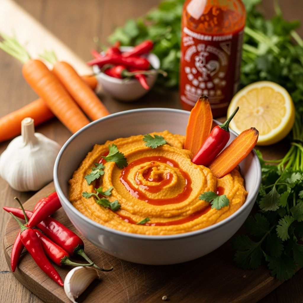 Enjoy a flavorful, nutrient-rich hummus with roasted carrots and spicy Sriracha—perfect for every snack or gathering.