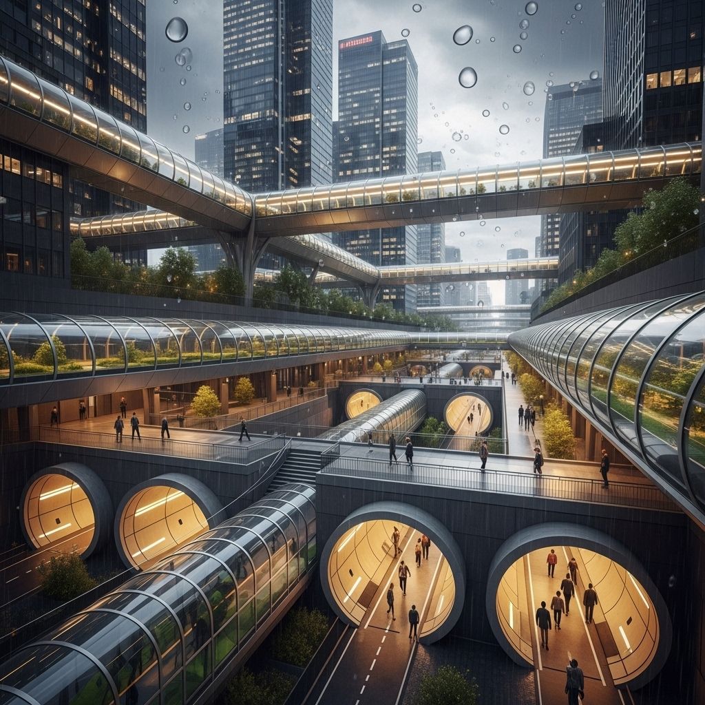 Exploring the hidden network of tunnels and elevated walkways that allow urban dwellers to navigate cities comfortably—rain, snow, or sun.
