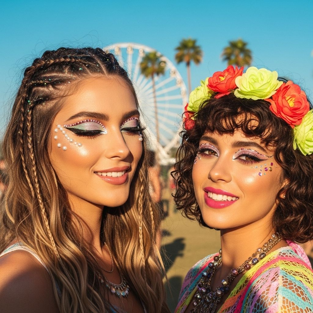 From iridescent shimmer to glitter roots, discover the dazzling hair and makeup looks that turned Coachella 2018 into a festival of bold self-expression.