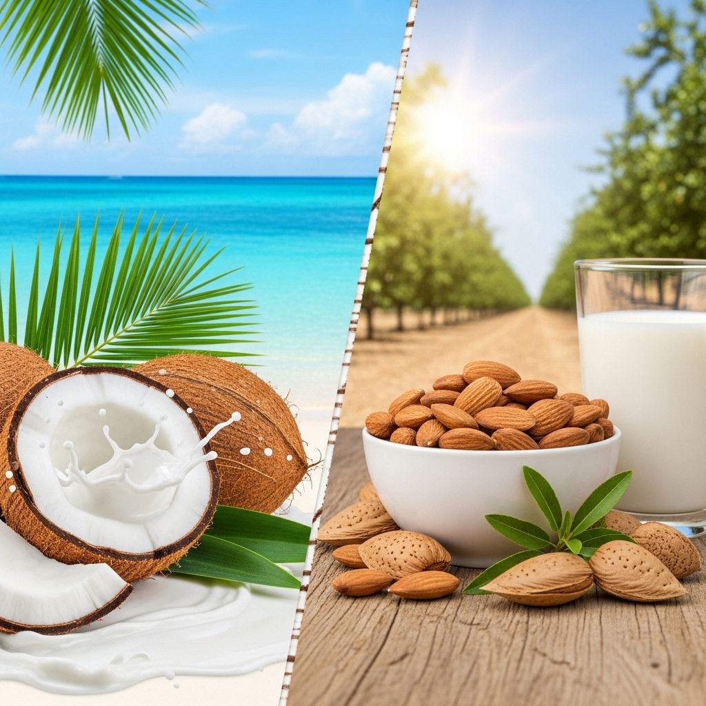 Comparing coconut milk and almond milk for nutrition, taste, culinary uses, and their footprint on the planet.