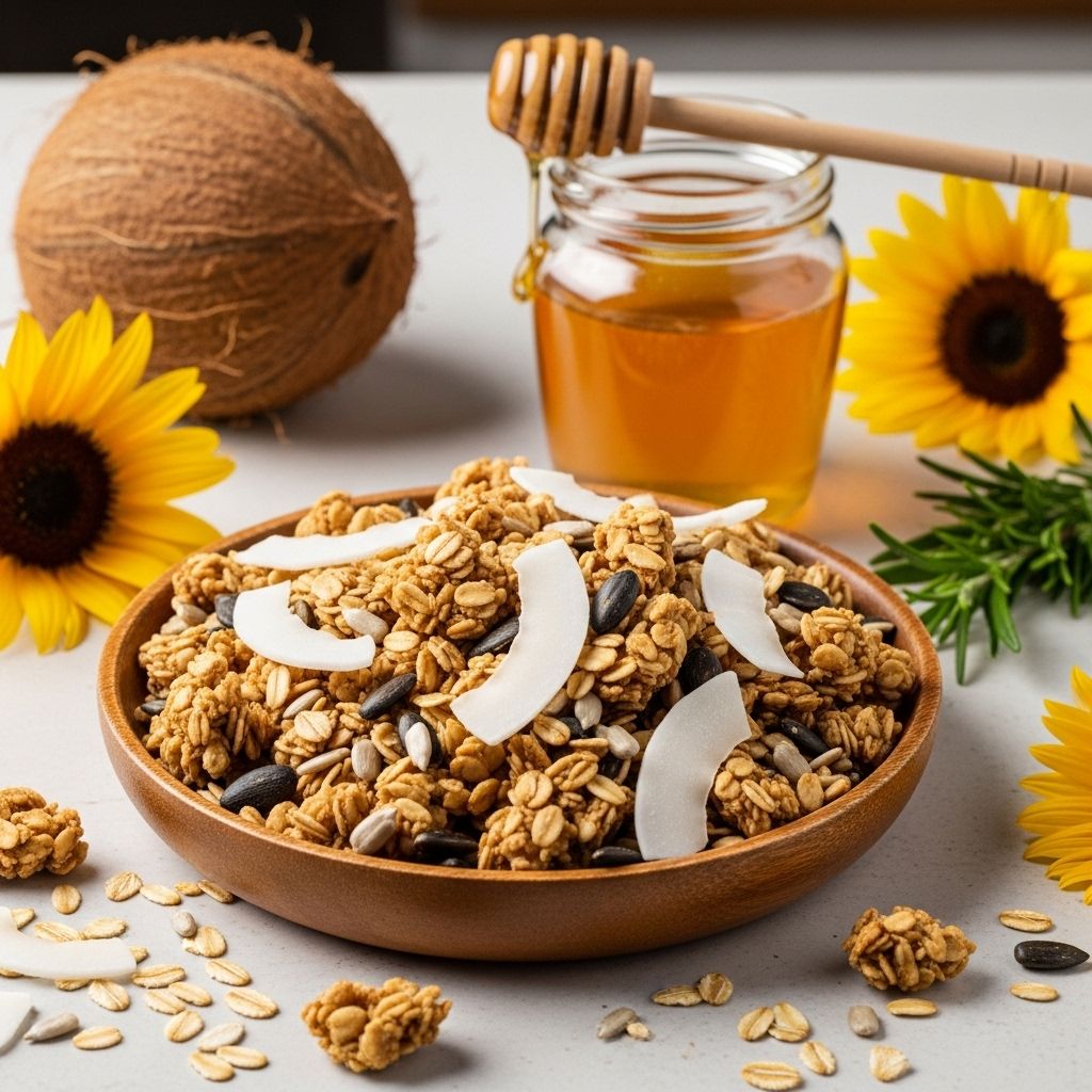 Discover a perfect homemade granola blend of coconut, sunflower seeds, and wholesome nuts for nutritious breakfasts and snacks.