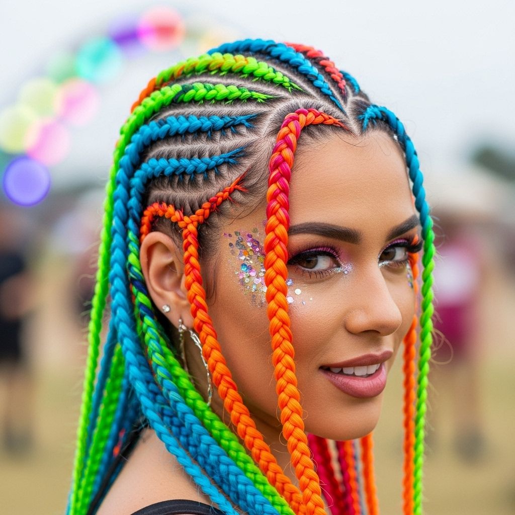 Transform your festival hair with vibrant cornrows and creative braiding techniques—no bleach or commitment required.