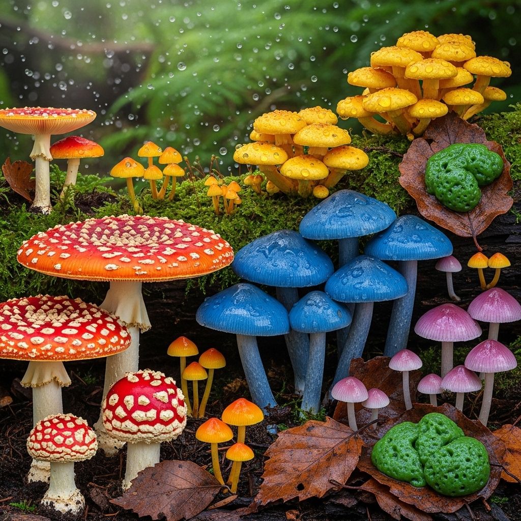 Explore a vivid world of mushrooms and fungi, from dazzling reds and golds to glowing greens and deep violets, and learn their secrets.