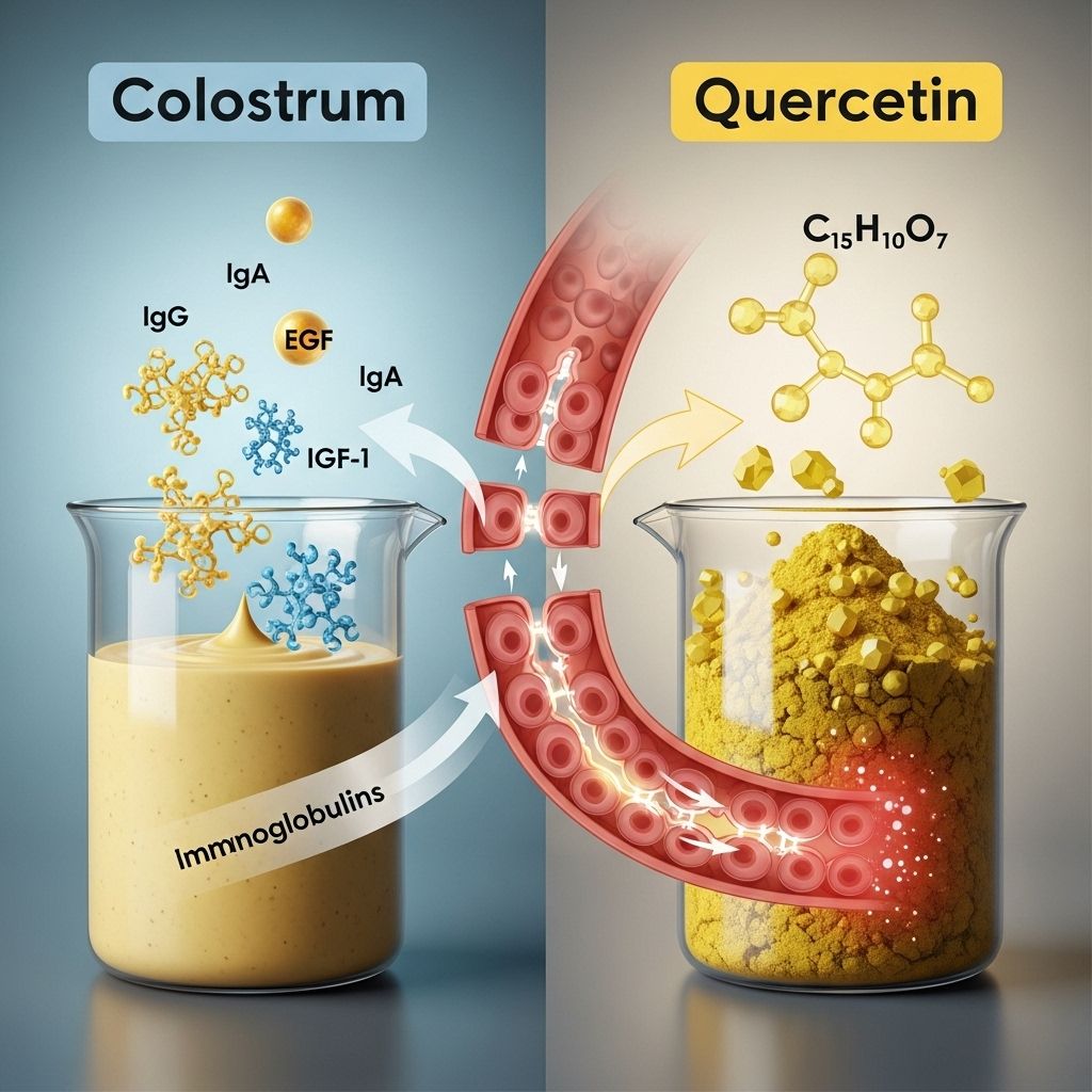 Colostrum vs Quercetin for Gut Barrier Repair: Mechanisms, Evidence, and Practical Use Immune factors and antioxidants combine to preserve digestive tract integrity.