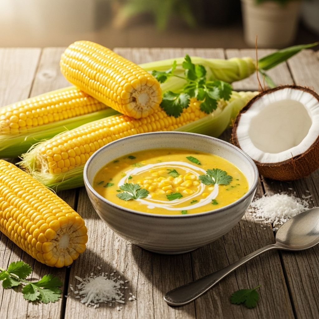 Discover how to create a creamy, comforting corn and coconut soup bursting with sweet summer flavors and vibrant toppings.