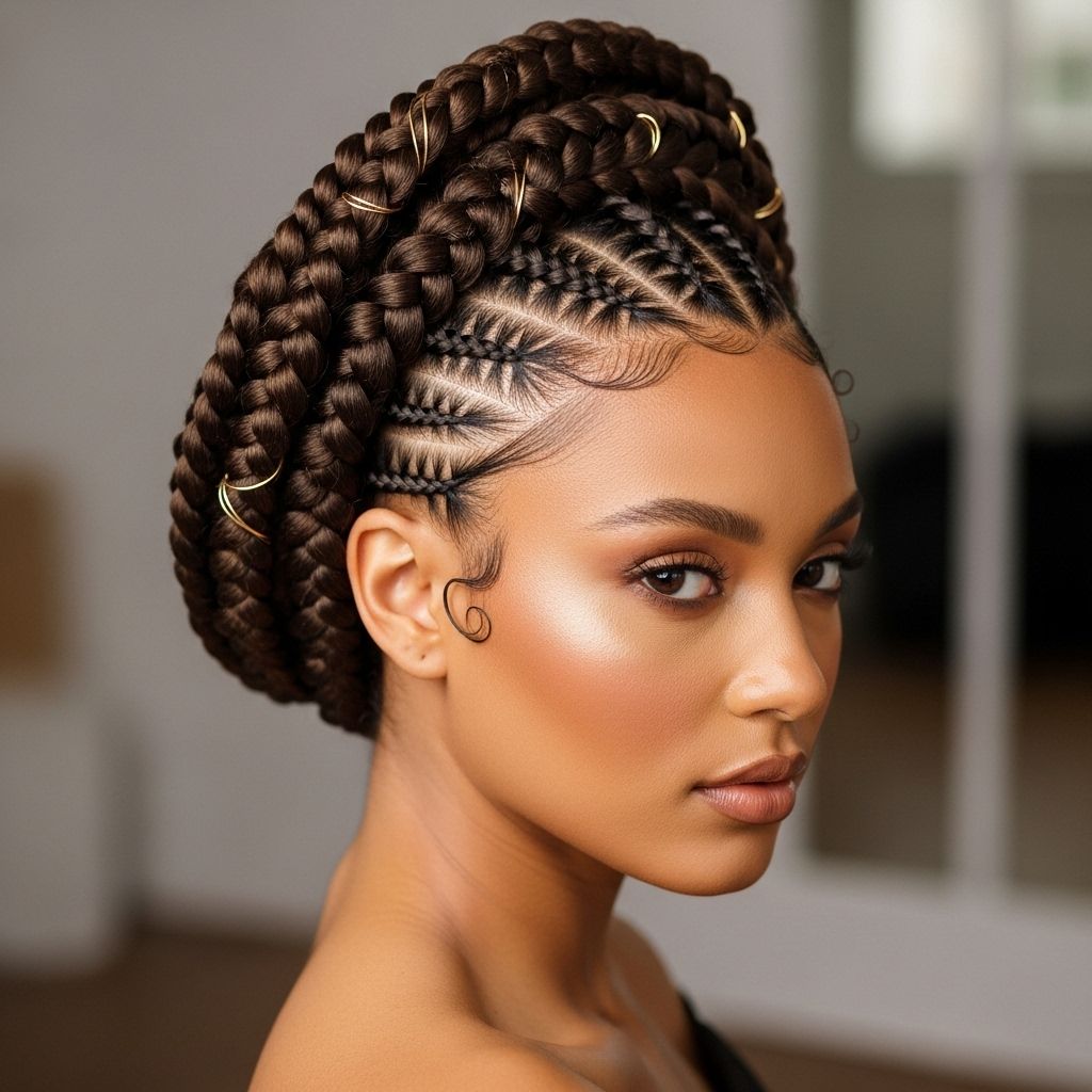Elevate your look with Crown Hair Knotless Braids—a protective, stylish, and versatile hairstyle combining Bantu knots and cascades of braids.