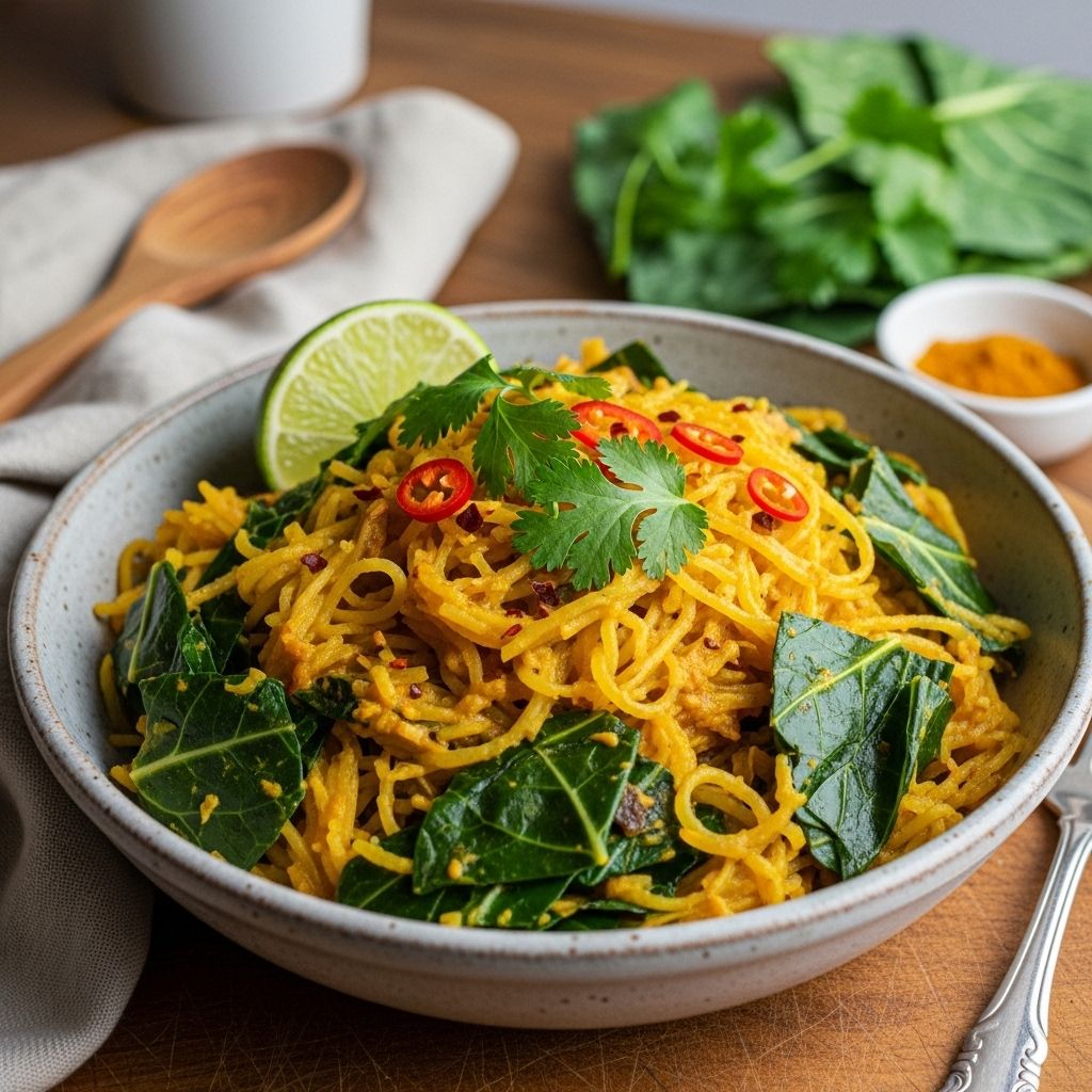 Experience the vibrant flavors of curried spaghetti squash and collard greens in a hearty, nutritious vegan meal that’s easy to prepare and perfect for any season.