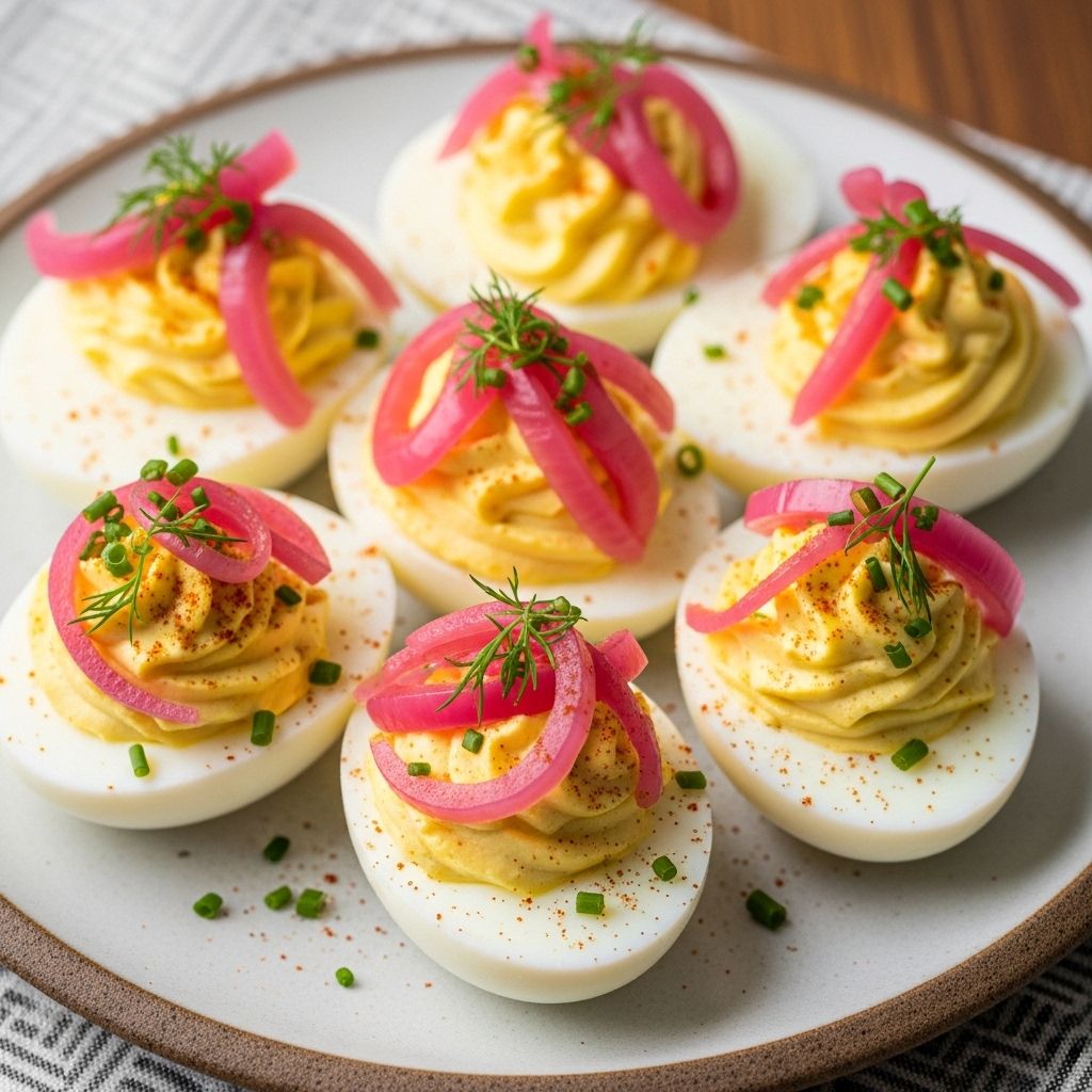 Discover a fresh twist on classic deviled eggs featuring quick-pickled shallots, Greek yogurt, and just the right kick from Dijon and Fresno chile.