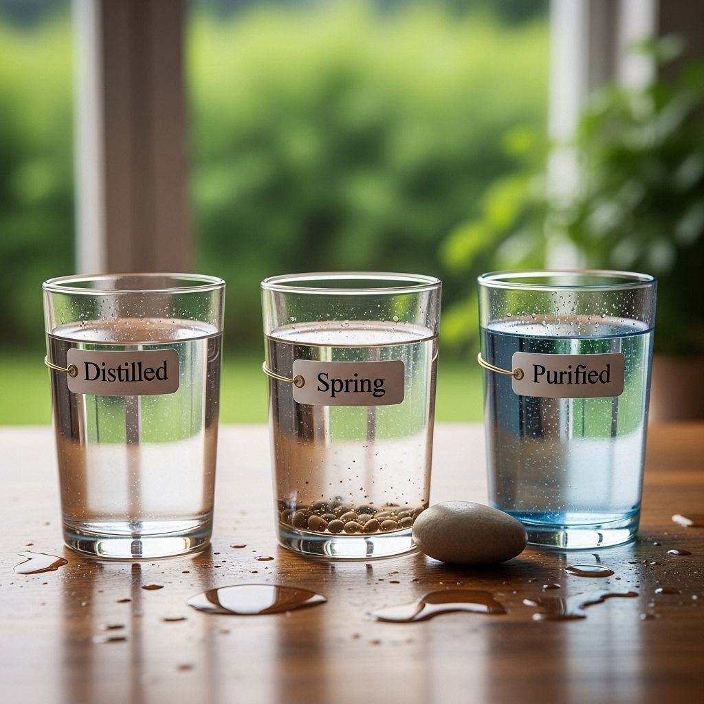 Learn about the sources, benefits, health impacts, and taste differences of distilled, spring, and purified water.