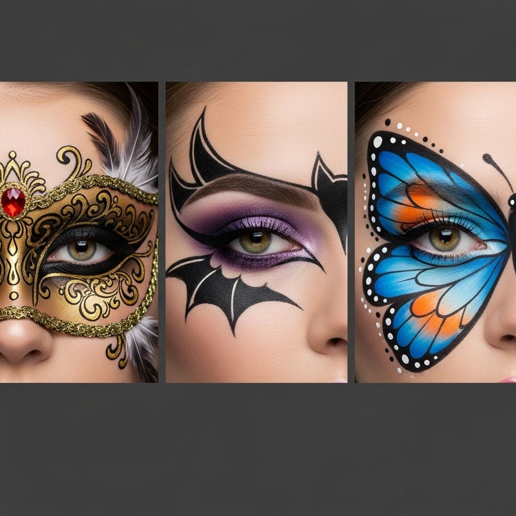 DIY Halloween Eye Makeup Masks: Venetian, Bat & Butterfly Looks Transform your Halloween style with creative, easy-to-do makeup masks inspired by Venetian elegance, abstract bats, and artistic butterflies.