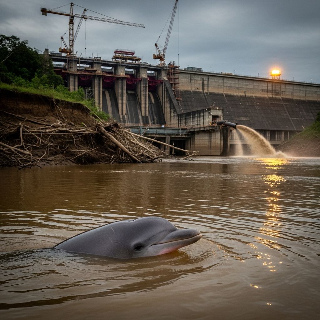 Amazon river dolphins, icons of South American biodiversity, are at risk from proposed dam projects and river dredging threatening their survival.