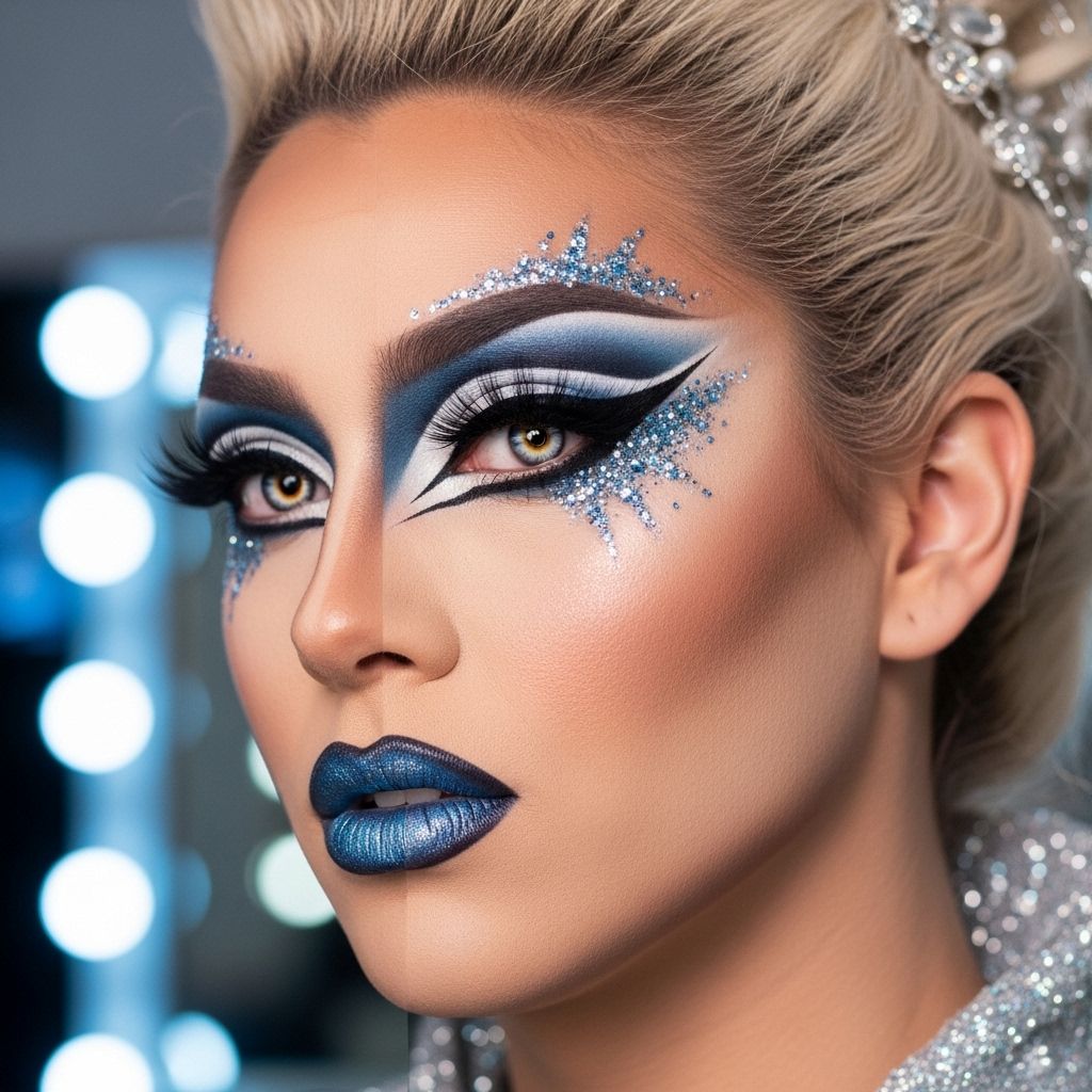 Inside Eva Young’s dazzling Cosmo Queens drag makeup: bedazzled eyes, glitzy lips, and expert artistry—as seen on Cosmopolitan.