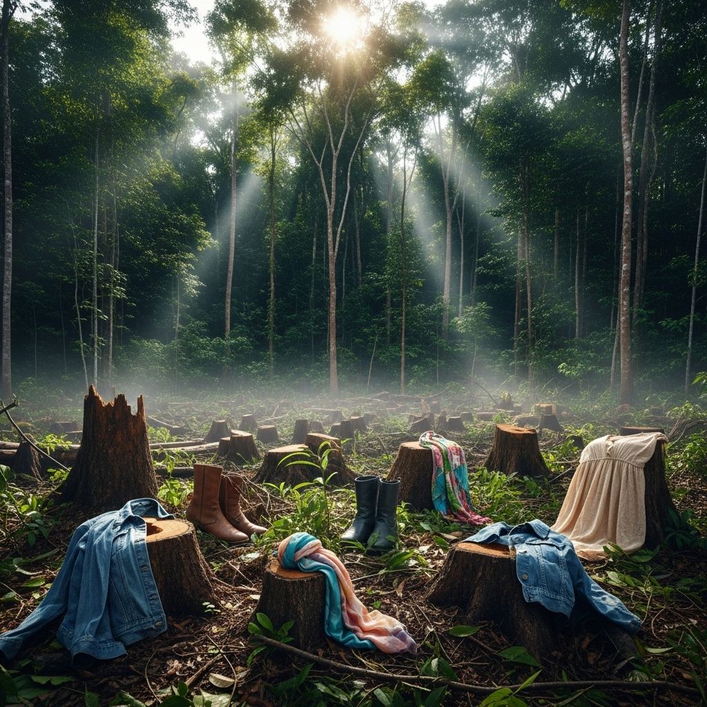 Explore the hidden environmental cost of fashion’s favorite materials and their link to deforestation worldwide.