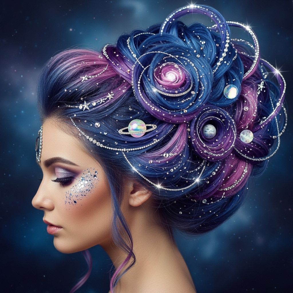 Elevate your Halloween look with a galaxy-inspired hairstyle featuring vibrant colors, shimmering effects, and pro makeup tips.