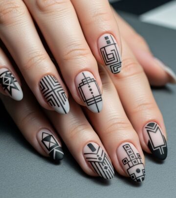 Master the art of geometric nail designs with bold black accents and creative patterns