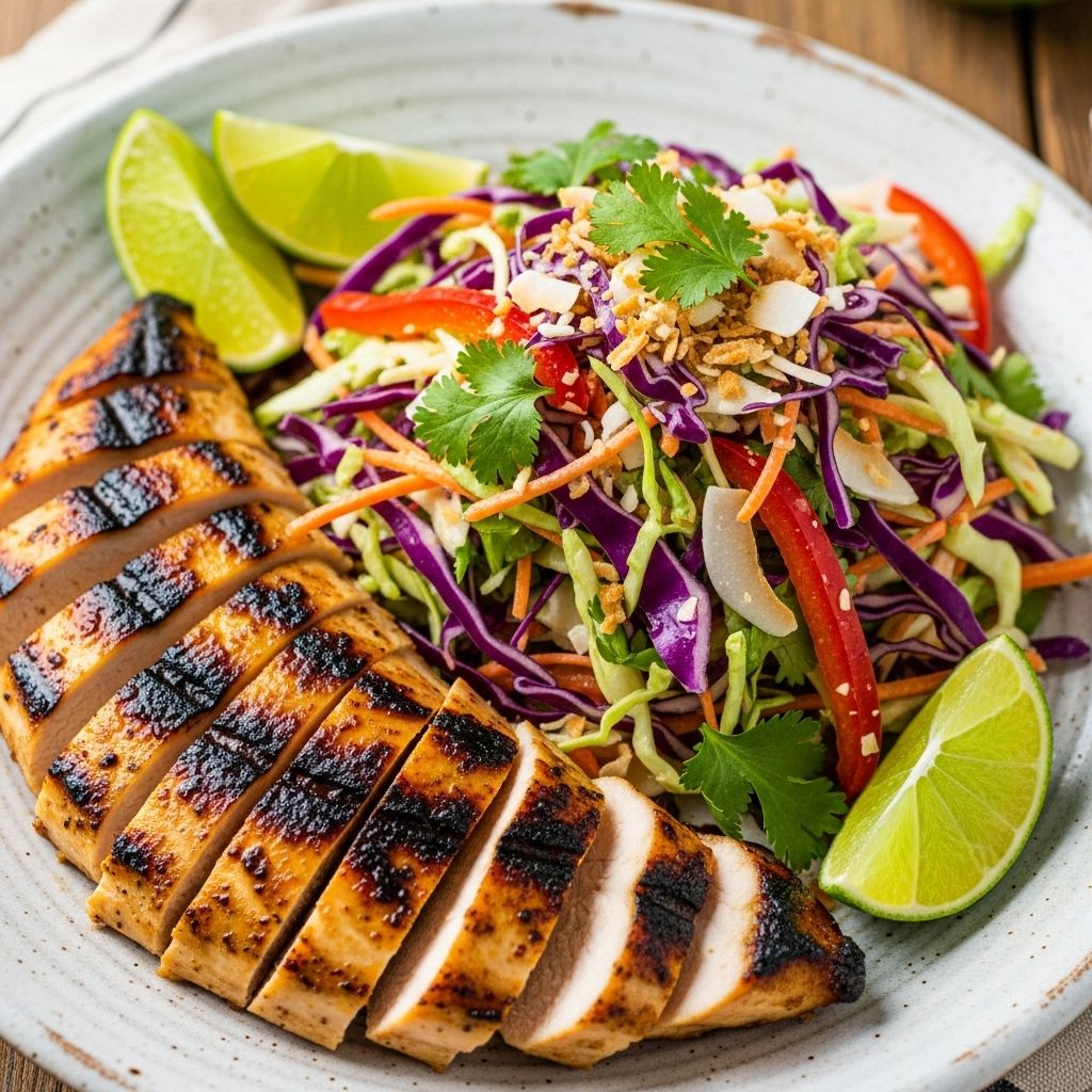 A 20-minute grilled chicken and coconut-lime slaw meal that highlights zesty, fresh, and nourishing flavors, perfect for healthy weeknight dinners.