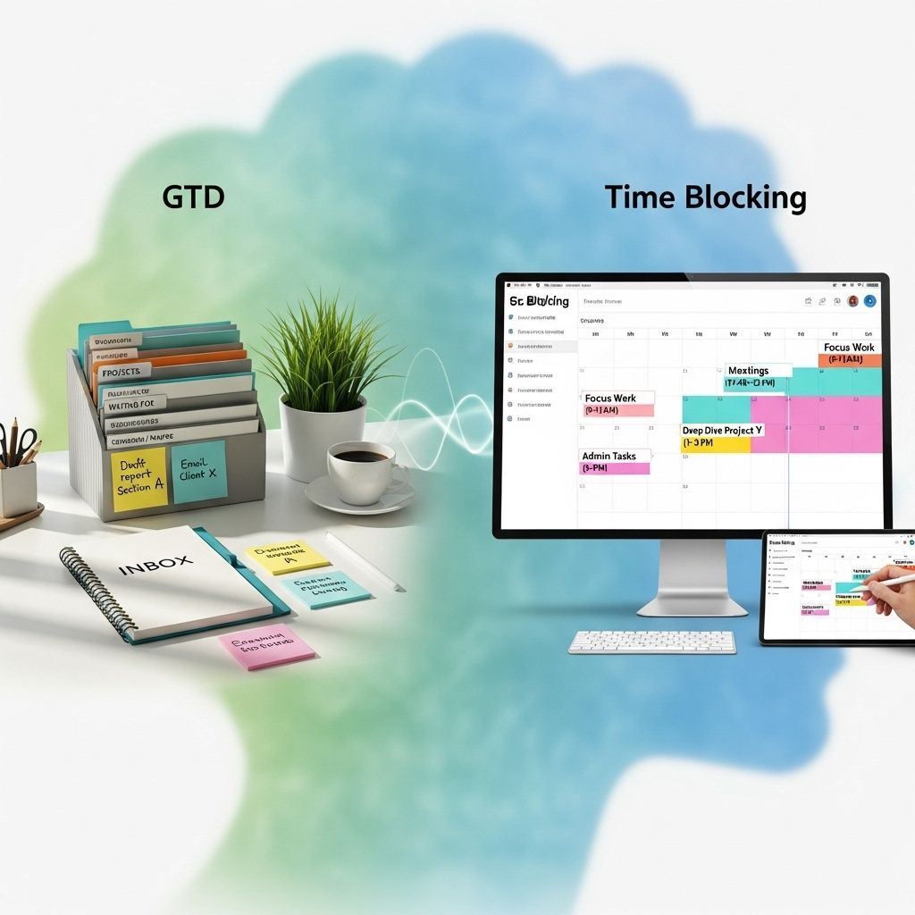GTD vs. Time Blocking for Cognitive Decluttering: Strategies, Contrasts, and Synergy for Peak Productivity A streamlined approach to organizing tasks and scheduling focused work for a calmer mind.