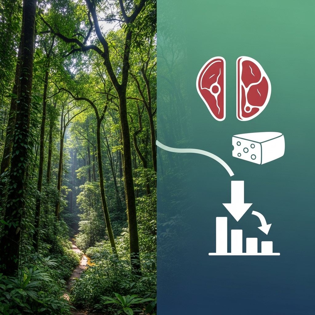 Reducing animal products by half worldwide could nearly stop forest loss and greatly lower greenhouse gas emissions, benefiting climate and biodiversity.