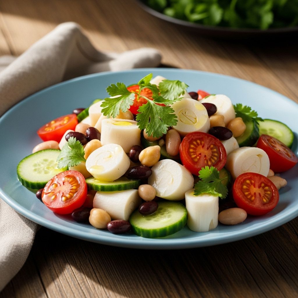 Celebrate fresh flavor and nutrition with this zesty, make-ahead Hearts of Palm and Bean Salad with tangy dressing and crunchy veggies.