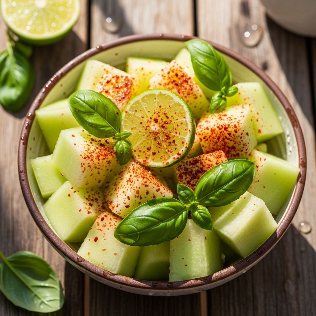 A vibrant, healthy, and hydrating honeydew salad elevated with zesty Tajín and fragrant basil—a perfect summer treat that’s as quick to make as it is delightful.