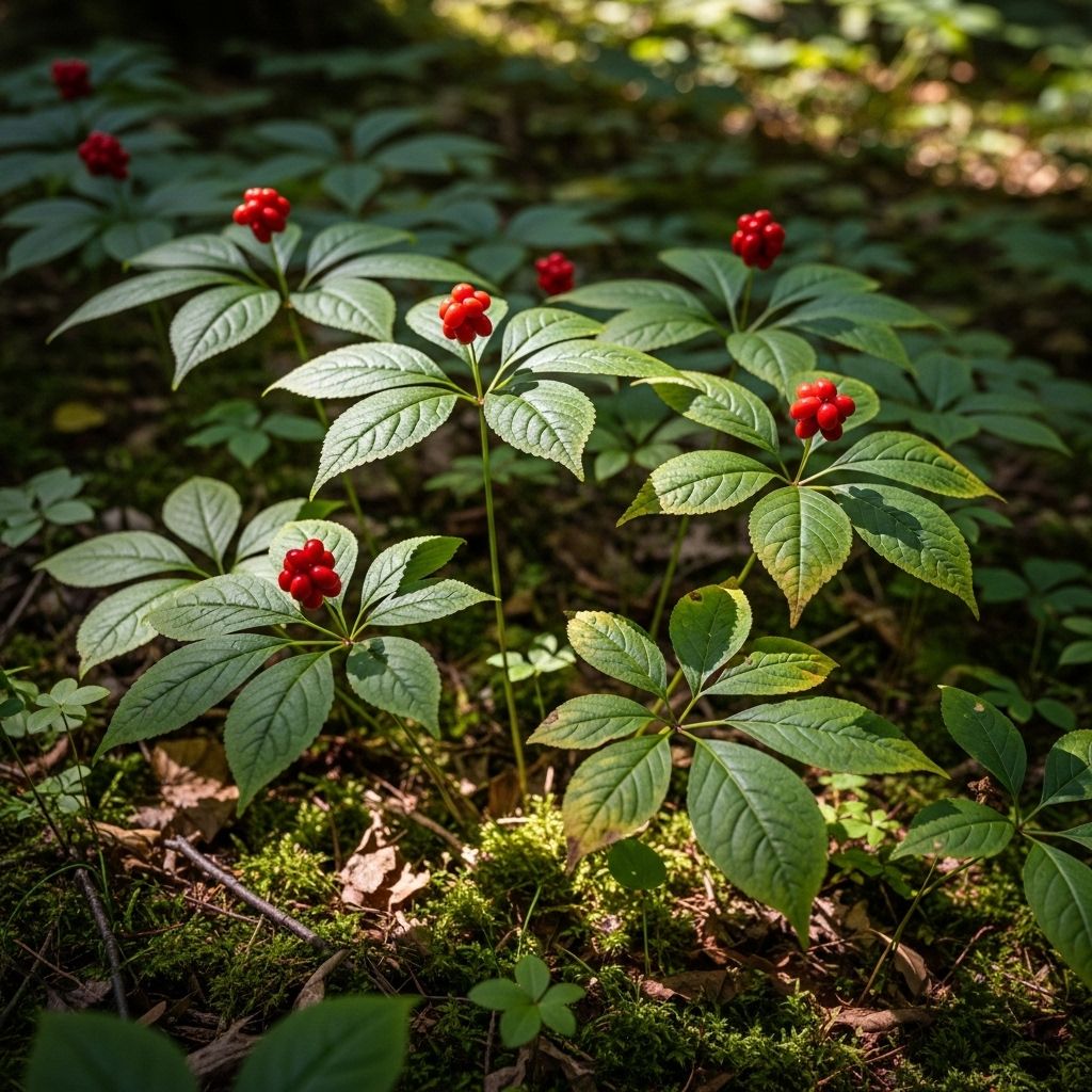 A comprehensive guide to identifying American ginseng in the wild, its ecology, look-alikes, and conservation issues.