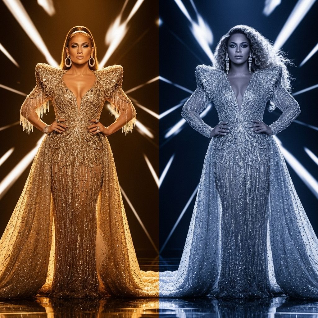 Explore the sartorial synergy between Jennifer Lopez and Beyoncé, where two icons sometimes dress like twins and define the pop-diva fashion era.