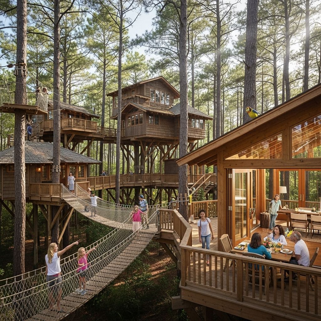 Reclaimed wood structures and playful bridges inspire endless childhood adventures.