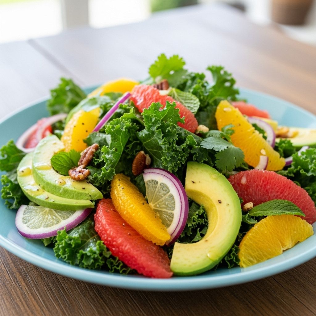 Discover a vibrant salad featuring kale, avocado, and fresh citrus, perfect for nutrition and flavor in every bite.