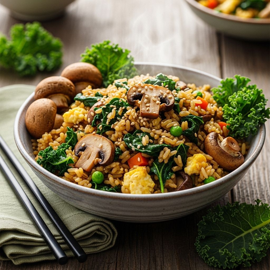 Reimagine your fried rice with this vibrant, veggie-rich recipe featuring kale, mushrooms, and whole-grain rice for balanced flavor and nutrition.