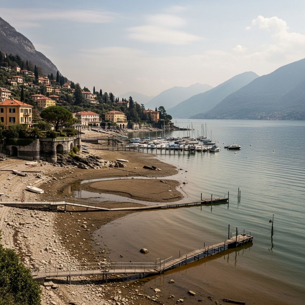 Italy’s iconic Lake Como faces record-low water levels, revealing climate change’s impact on natural beauty, tourism, and local livelihoods.