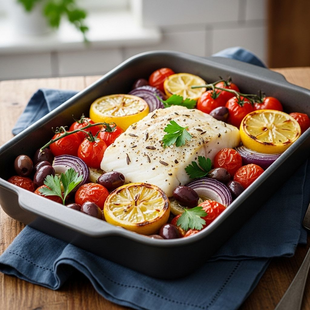 Experience the bright, fresh flavors of the Mediterranean with this easy, healthy baked cod recipe cooked in one pan.