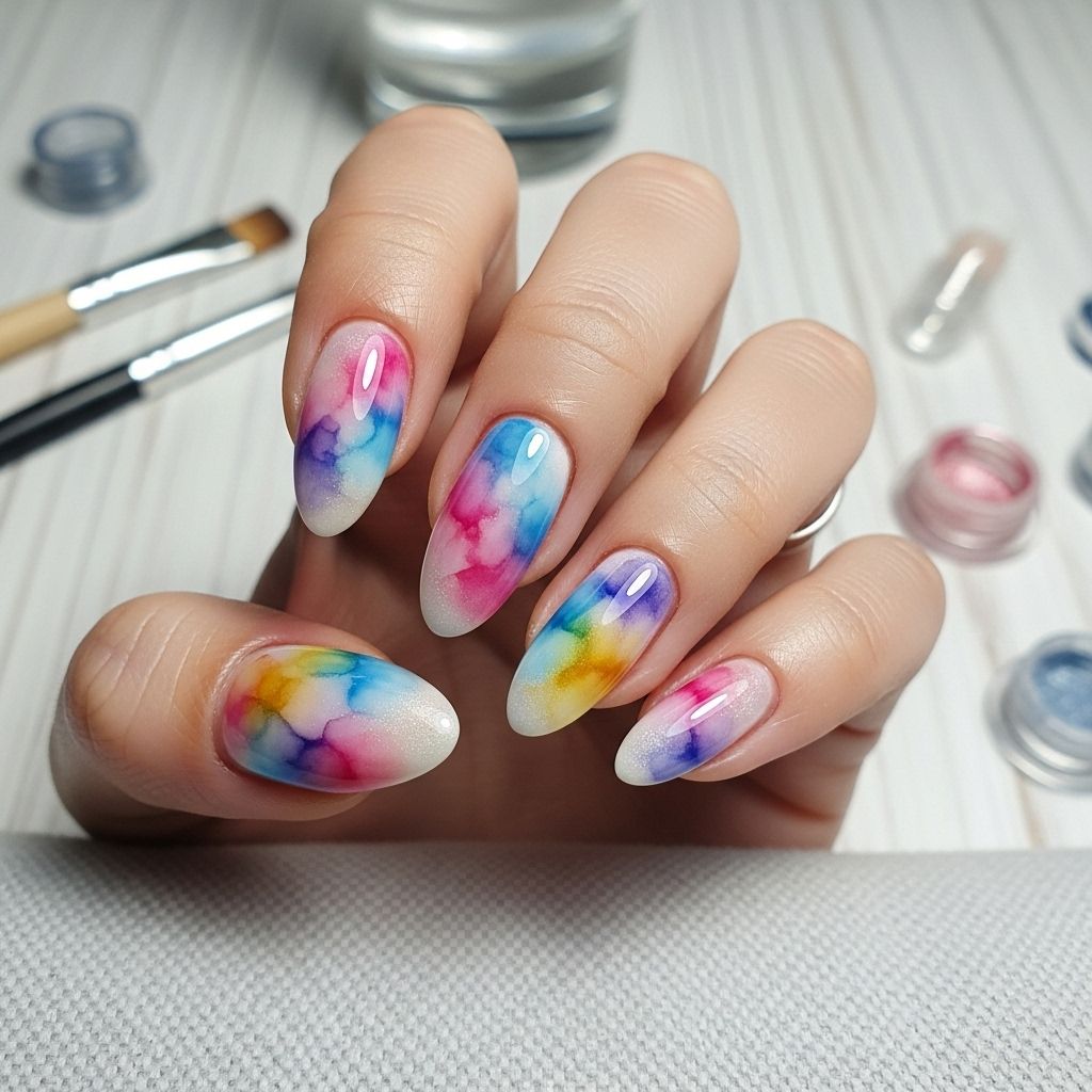 Discover how to create a vibrant, multi-tonal watercolor manicure at home with this detailed step-by-step guide.