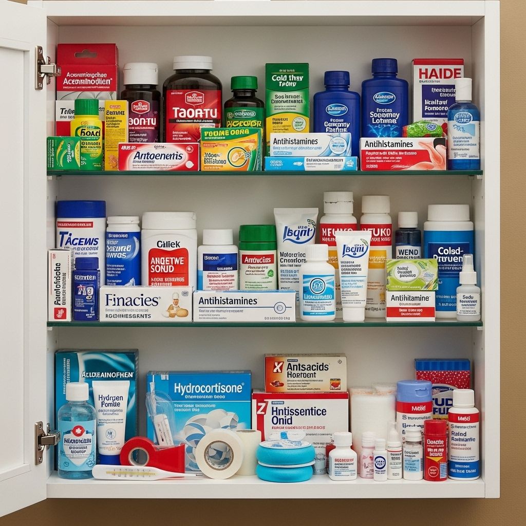 Keeping key medications at hand offers peace of mind for treating minor aches and coughs.