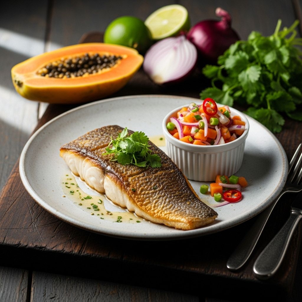 Discover the art of pan-roasting bass and crafting a fresh papaya relish for a healthy, gourmet meal in under 30 minutes.