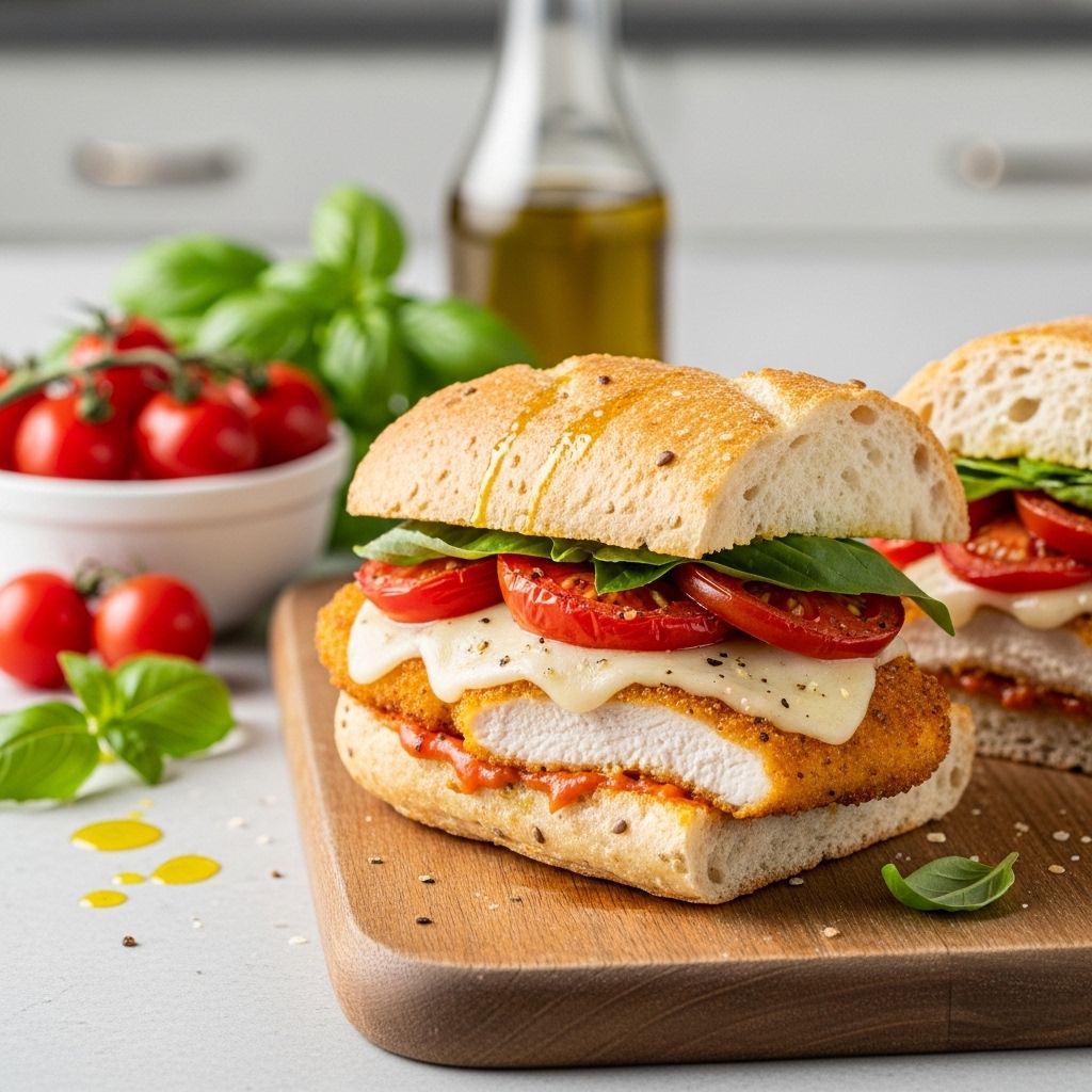 Discover the fresh, light take on classic chicken Parmesan—juicy cutlets, caramelized tomatoes, and crisp arugula stacked in a baguette for a wholesome, satisfying sandwich.