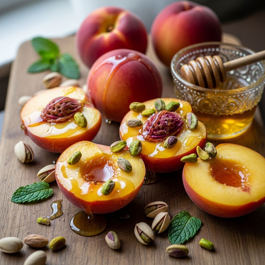 Celebrate the flavors of summer with this easy grilled peaches recipe, finished with honey, creamy Greek yogurt, and crunchy pistachios.