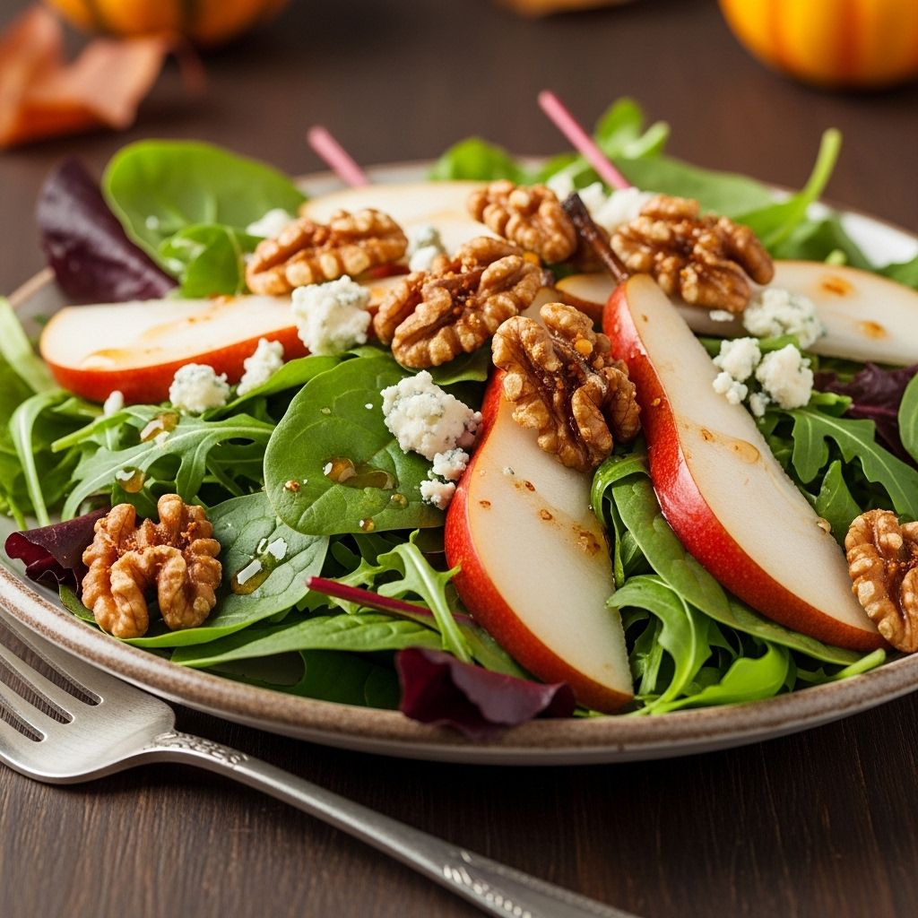 Celebrate fall with this vibrant pear and spiced walnut salad: a symphony of crisp veggies, warm spices, and bright flavors for every table.