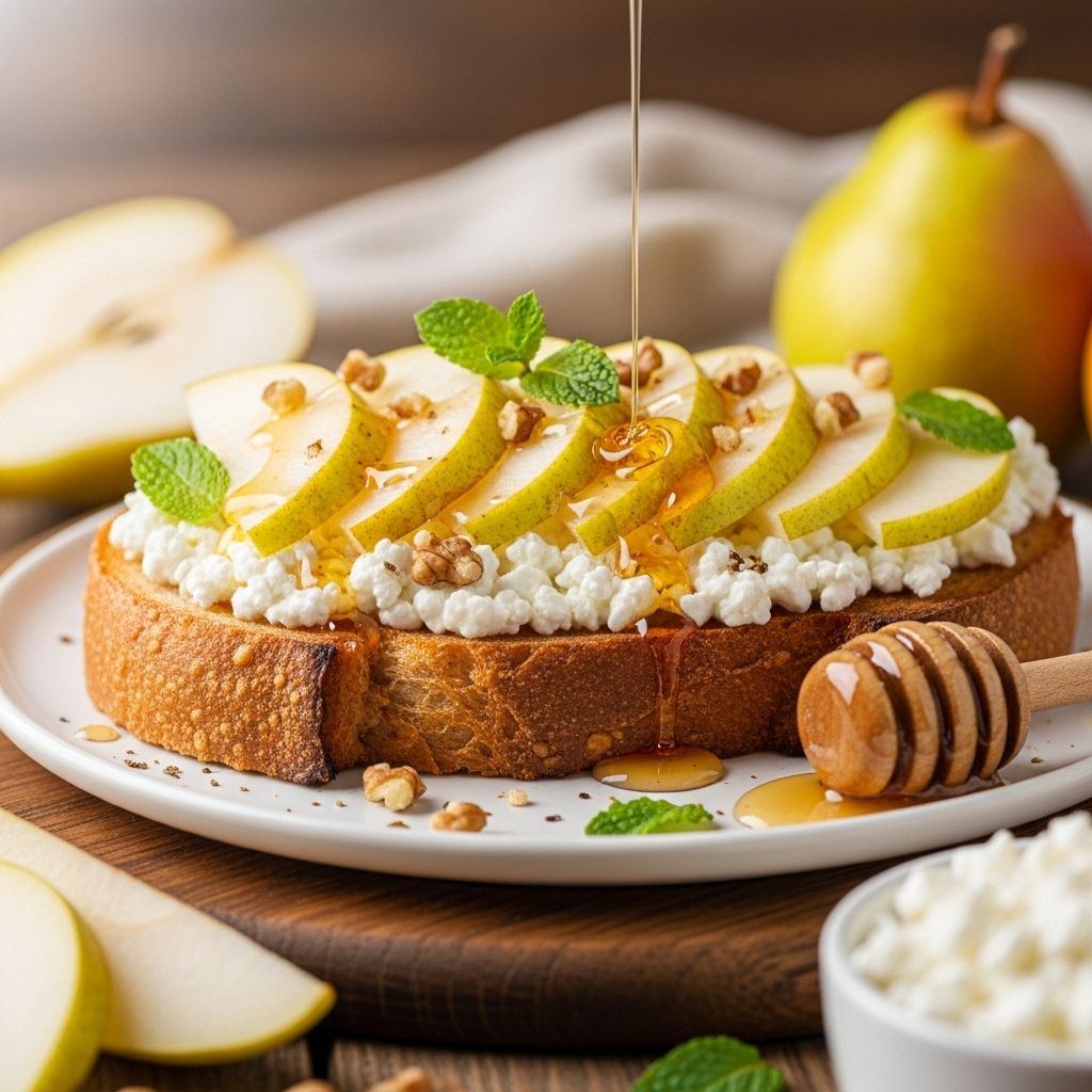 Discover the delicious balance of creamy cottage cheese, fresh pear, and crunchy nuts on whole-grain toast—a breakfast that fuels your day.