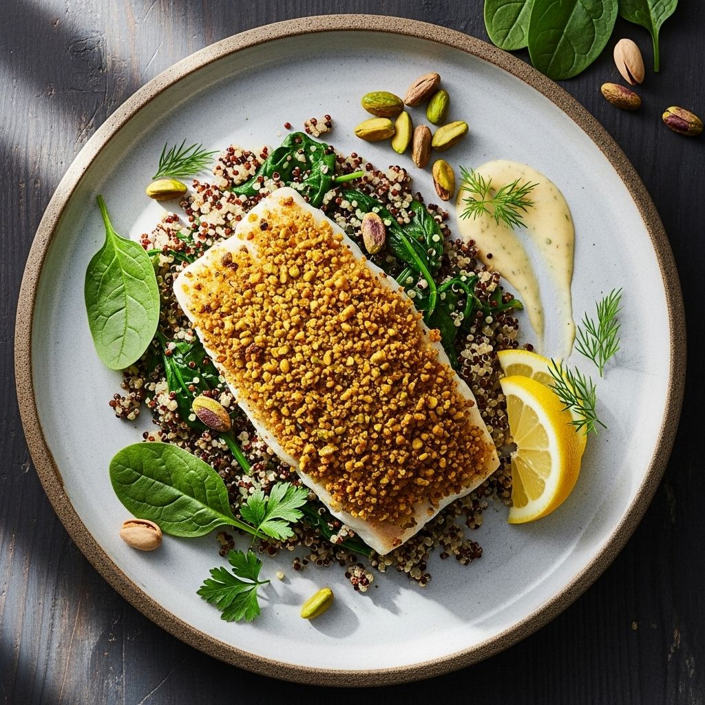 A quick and nourishing seafood dinner with a crunchy pistachio crust and protein-rich spinach quinoa—ready in just 20 minutes.
