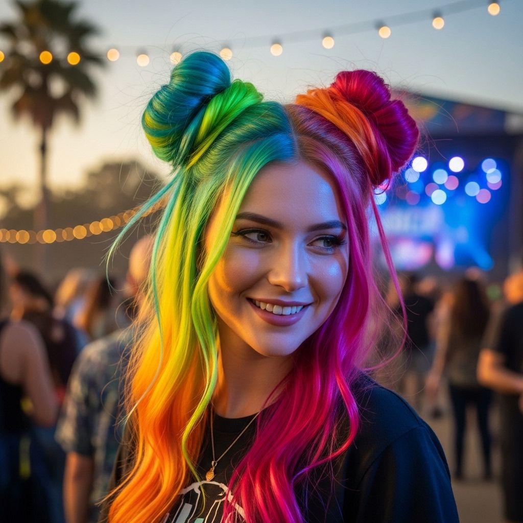 Elevate your festival look with vibrant rainbow space buns, featuring braids and temporary hair color for maximum impact.