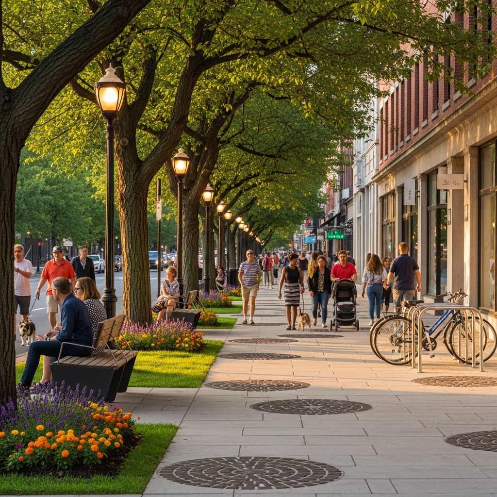 Reimagining urban sidewalks and streets for vibrant, walkable, inclusive communities with less car dominance.