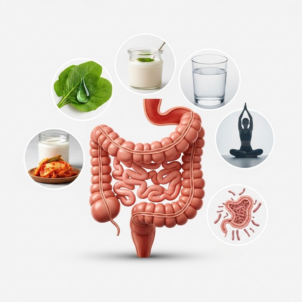 Holistic strategies and dietary tips to counter gut inflammation, including anti-inflammatory foods, stress reduction, and probiotics.